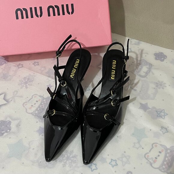 Miu Miu Black Pointed-Toe Buckled Pumps - Picture 1 of 5